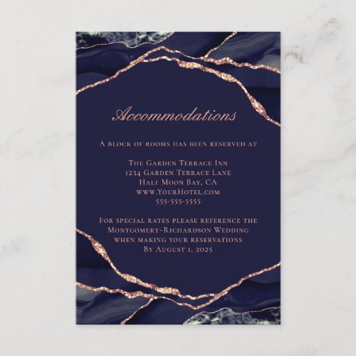 Agate Rose Gold Foil Navy Wedding Accommodations Enclosure Card