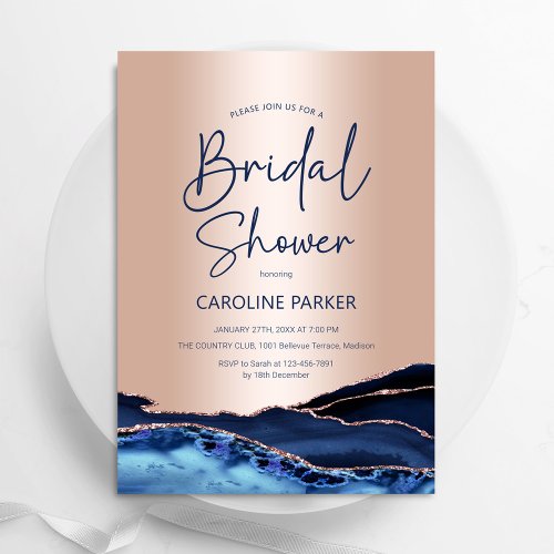 Agate Rose Gold Navy Blue Bridal Shower Invitation