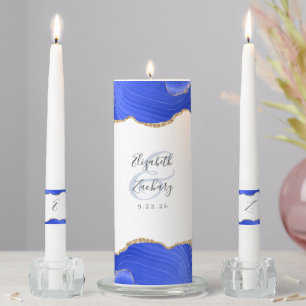 Agate Royal Blue Gold Script Wedding Unity Candle Set