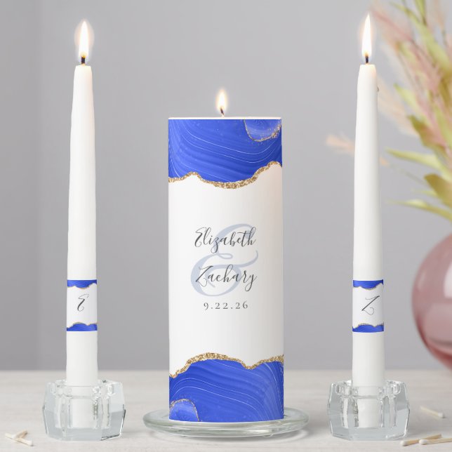 Agate Royal Blue Gold Script Wedding Unity Candle Set (In Situ)