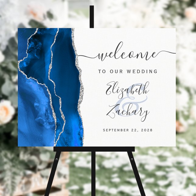 Agate Royal Blue Silver Script Wedding Welcome Foam Board (Creator Uploaded)