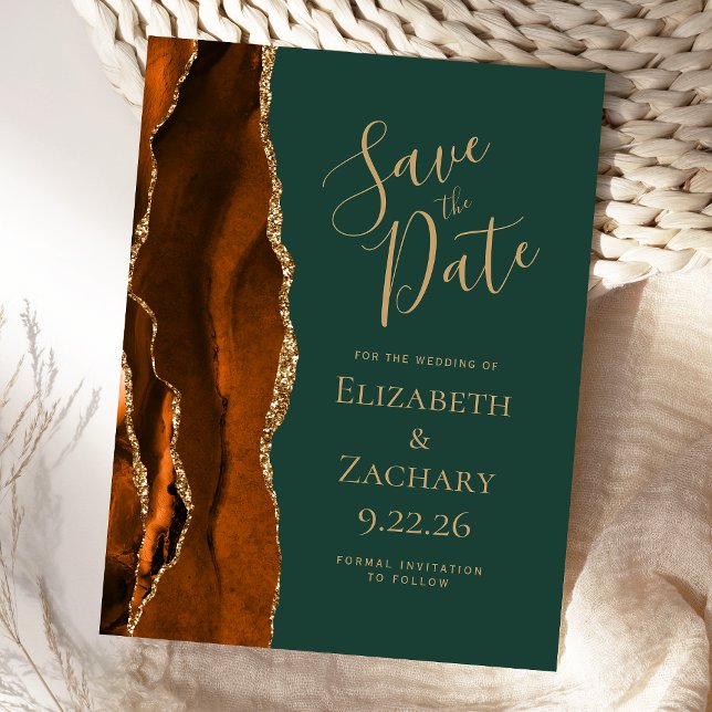 Agate Rust Gold Emerald Green Save the Date Announcement Postcard (Creator Uploaded)