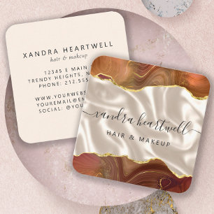 Agate Rust Gold Foil Ivory Silk Rounded Corners Square Business Card