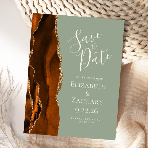 Agate Rust Gold Sage Green Save the Date Announcement Postcard