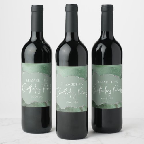 Agate Sage Green Silver Any Year Birthday Party Wine Label