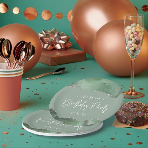 Agate Sage Green Silver Birthday Party Paper Plates