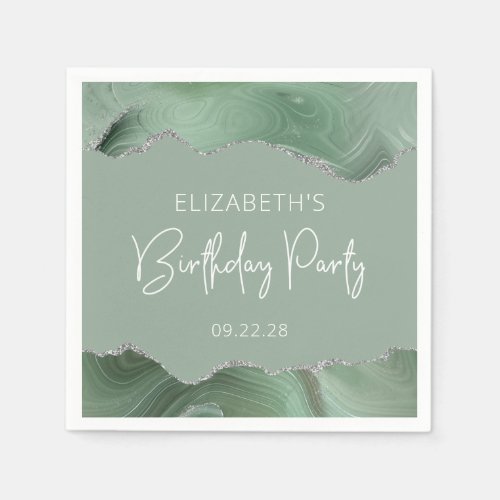 Agate Sage Green Silver Glitter Birthday Party Napkins