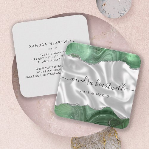 Agate Sage Green Silver Glitter Silk Square Business Card