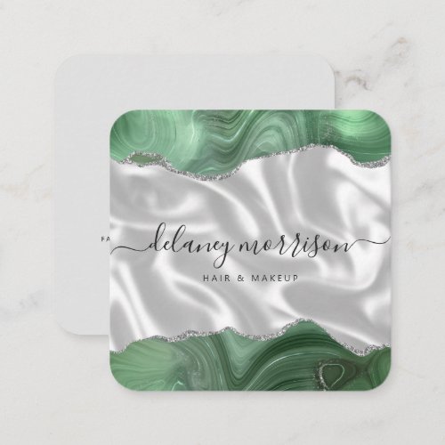 Agate Sage Green Silver Luxury Rounded Corners Square Business Card