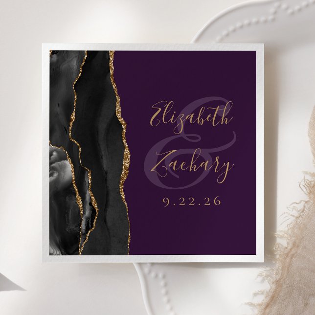 Agate Script Black Gold Deep Purple Wedding Napkins (Creator Uploaded)