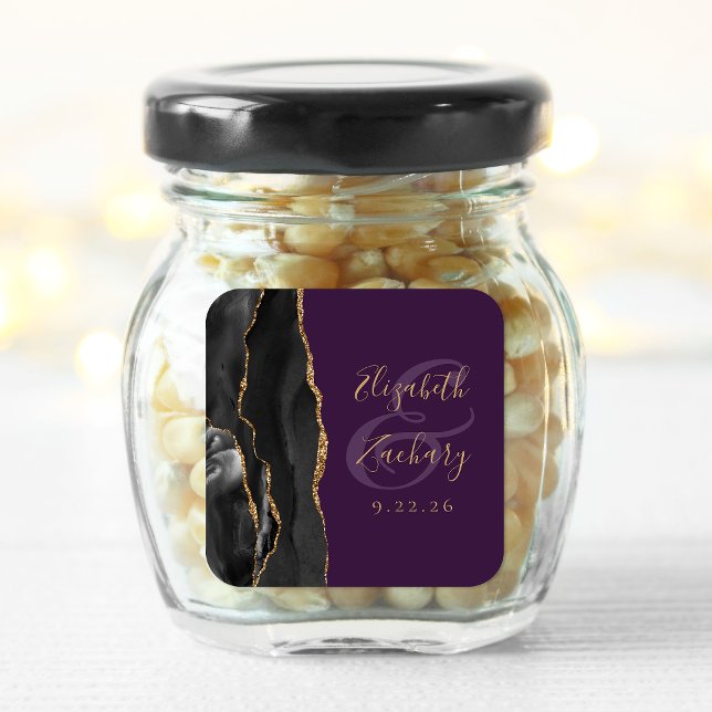 Agate Script Black Gold Deep Purple Wedding Square Sticker (Creator Uploaded)
