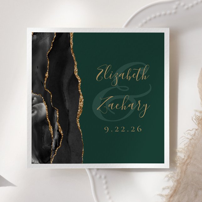 Agate Script Black Gold Emerald Green Wedding Napkins (Creator Uploaded)