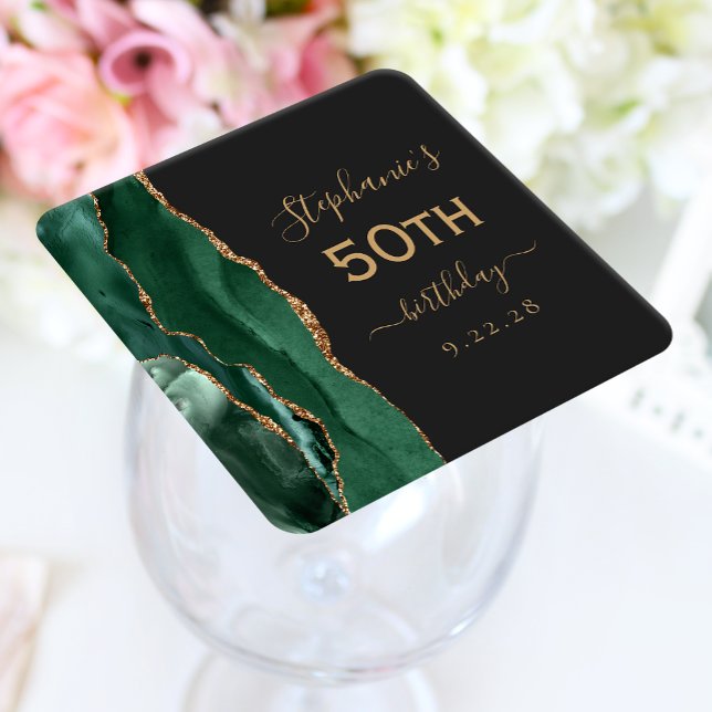 Agate Script Emerald Green Gold Dark 50th Birthday Square Paper Coaster (Creator Uploaded)