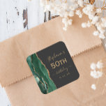 Agate Script Emerald Green Gold Dark 50th Birthday Square Sticker<br><div class="desc">This elegant modern 50th birthday party sticker features an emerald green watercolor agate geode design trimmed with faux gold glitter. Easily customize the gold-colored text on a slate black background with the name of the guest of honor,  the birthday year and the date.</div>
