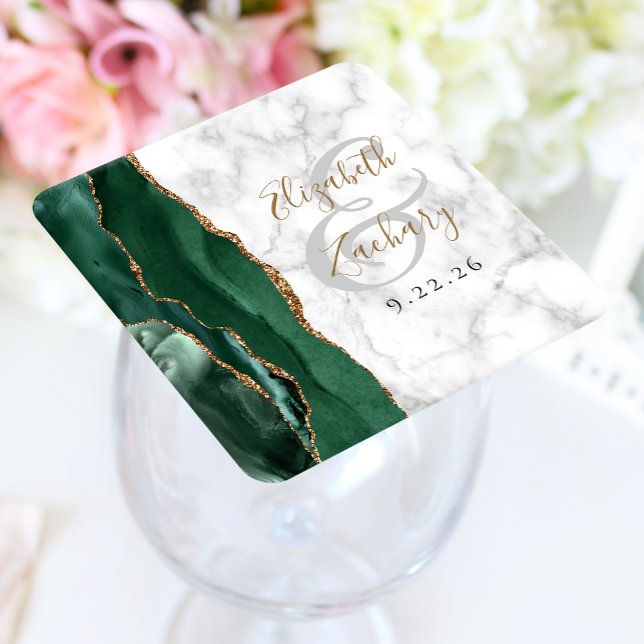 Agate Script Emerald Green Gold Marble Wedding Square Paper Coaster (Creator Uploaded)