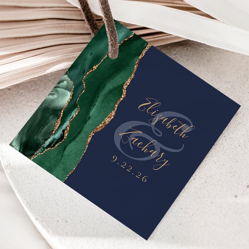 Agate Script Emerald Green Gold Navy Blue Wedding Favor Tags