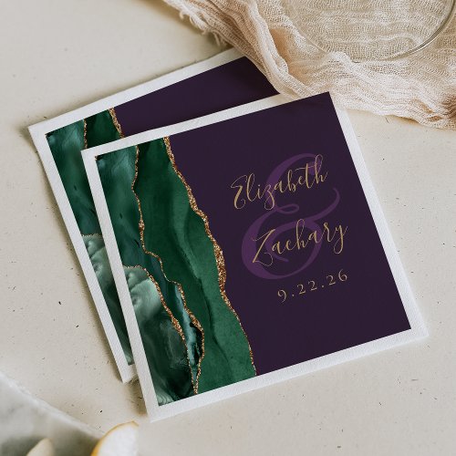 Agate Script Emerald Green Gold Purple Wedding Napkins