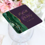 Agate Script Emerald Green Gold Purple Wedding Square Paper Coaster<br><div class="desc">This elegant modern wedding coaster features an emerald green watercolor agate geode design trimmed with faux gold glitter. Easily customize the gold-colored text on a purple background,  with the names of the bride and groom in handwriting calligraphy over a large ampersand.</div>