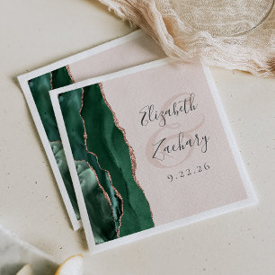 Agate Script Emerald Green Rose Gold Blush Wedding Napkins