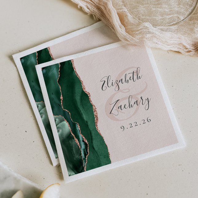 Agate Script Emerald Green Rose Gold Blush Wedding Napkins (Creator Uploaded)