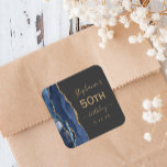 Agate Script Navy Blue Gold Dark 50th Birthday Square Sticker<br><div class="desc">This elegant modern 50th birthday party sticker features a navy blue watercolor agate geode design trimmed with faux gold glitter. Easily customize the gold-colored text on a slate black background with the name of the guest of honor,  the birthday year and the date.</div>