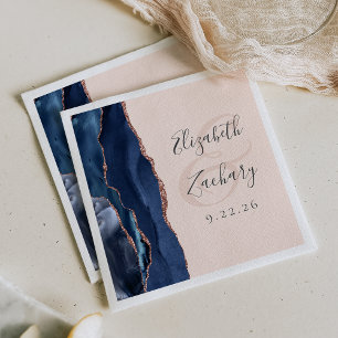 Agate Script Navy Blue Rose Gold Blush Wedding Napkins
