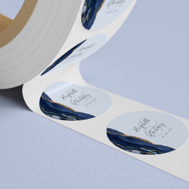 Agate Script Navy Pale Blue Gold Wedding Classic Round Sticker (Creator Uploaded)