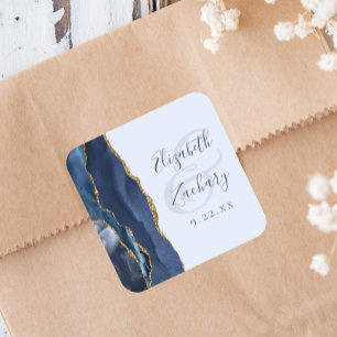 Agate Script Navy Pale Blue Gold Wedding Square Sticker
