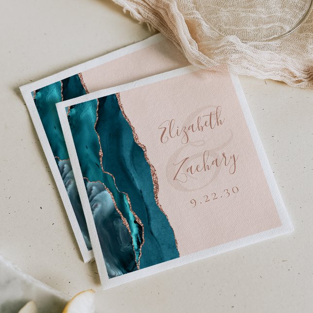 Agate Script Teal Rose Gold Blush Wedding Napkins (Creator Uploaded)