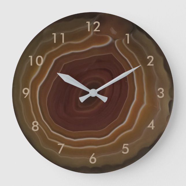 Agate slice brown stone clock with numbers. (Front)