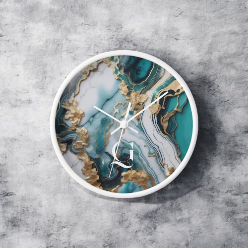 Agate Stone Monogram Teal Clock