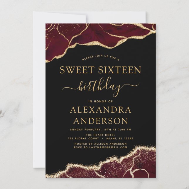 Agate Sweet 16 Birthday Burgundy Gold Invitation (Front)