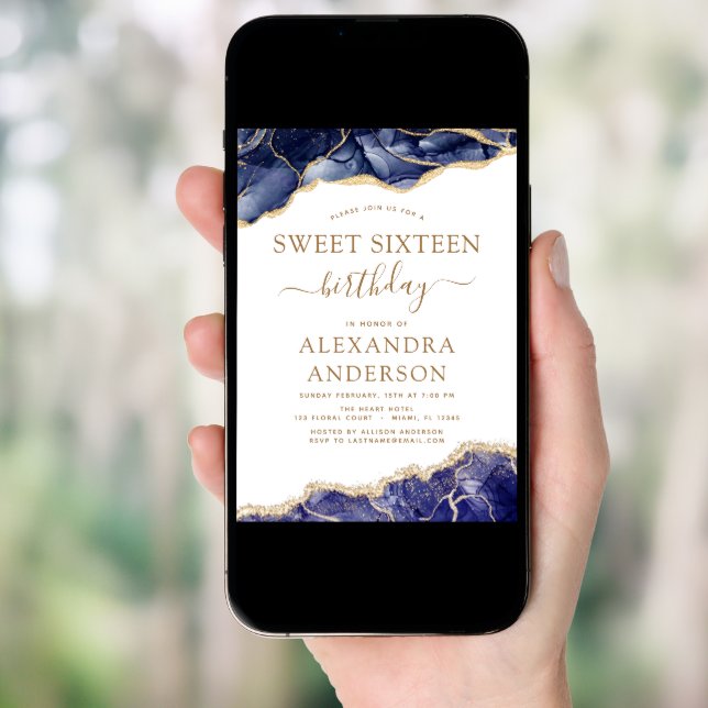 Agate Sweet Sixteen 16 Navy Blue Gold Invitation (Front Digital)