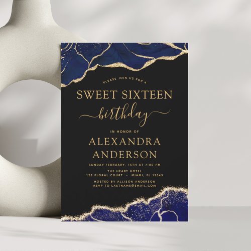 Agate Sweet Sixteen 16 Navy Blue Gold Invitation