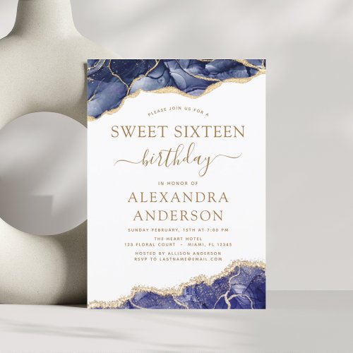 Agate Sweet Sixteen 16 Navy Blue Gold Invitation