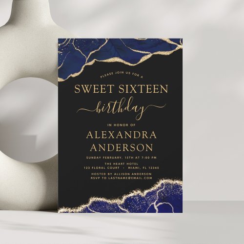 Agate Sweet Sixteen 16 Navy Blue Gold Invitation