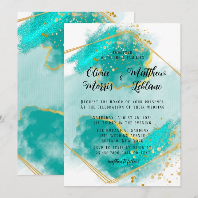 Agate Teal and Gold Geometric Glitter Wedding Invi Invitation (Front/Back)