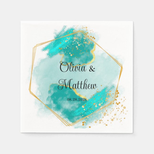 Agate Teal and Gold Watercolor Geometric Wedding Napkins (Front)