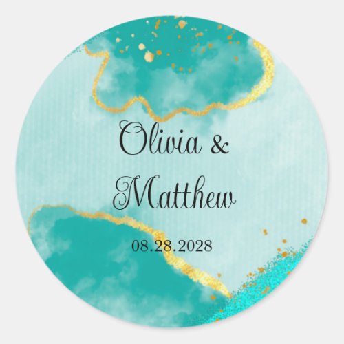 Agate Teal and Gold Watercolor Wedding Classic Round Sticker