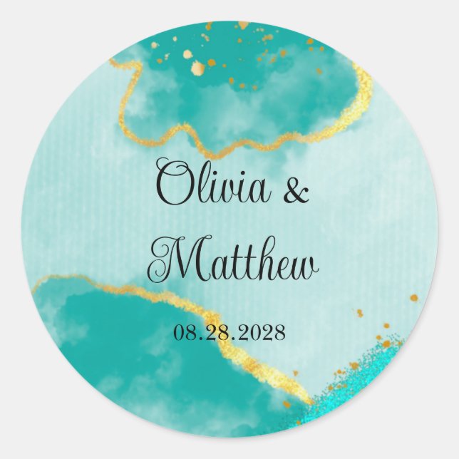 Agate Teal and Gold Watercolor Wedding Classic Round Sticker (Front)