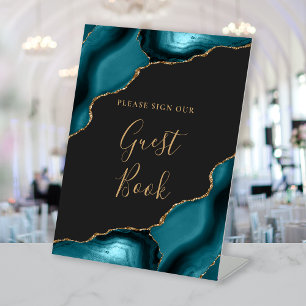 Agate Teal Blue Dark Wedding Guest Book Pedestal Sign