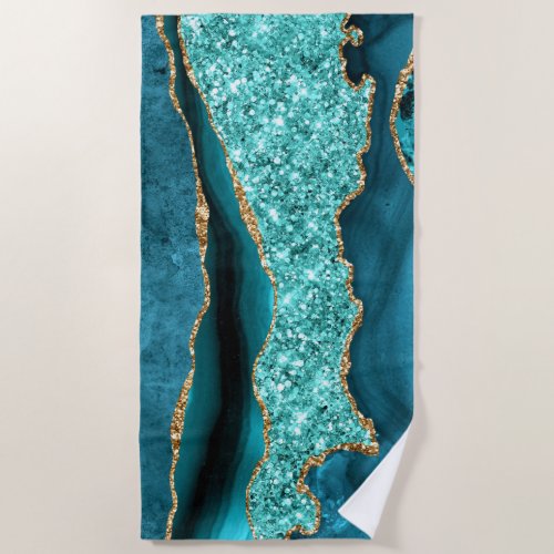 Agate Teal Blue Gold Aqua Turquoise Beach Towel