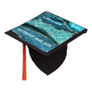 Agate Teal Blue Gold Aqua Turquoise Custom Text Graduation Cap Topper