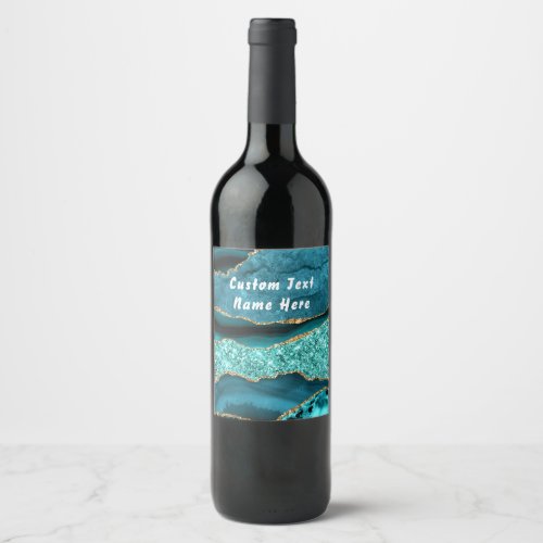 Agate Teal Blue Gold Aqua Turquoise Custom Text Wine Label