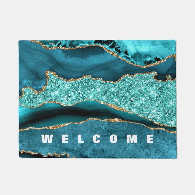 Agate Teal Blue Gold Aqua Turquoise Doormat (Front)