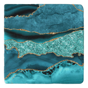 Agate Teal Blue Gold Aqua Turquoise Marble Trivet