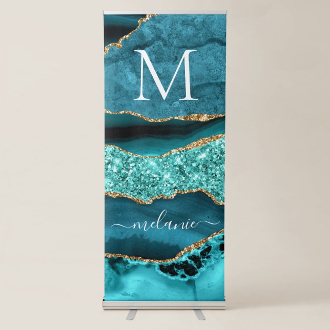 Agate Teal Blue Gold Aqua Turquoise Name Letter Retractable Banner (Front)