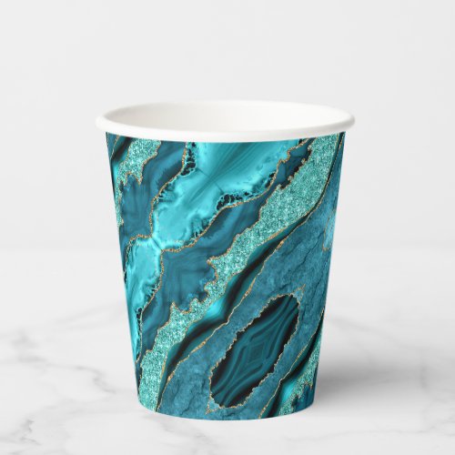 Agate Teal Blue Gold Aqua Turquoise Paper Cups