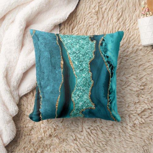 Agate Teal Blue Gold Aqua Turquoise Throw Pillow