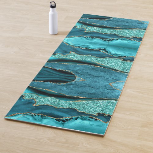 Agate Teal Blue Gold Aqua Turquoise Yoga Mat